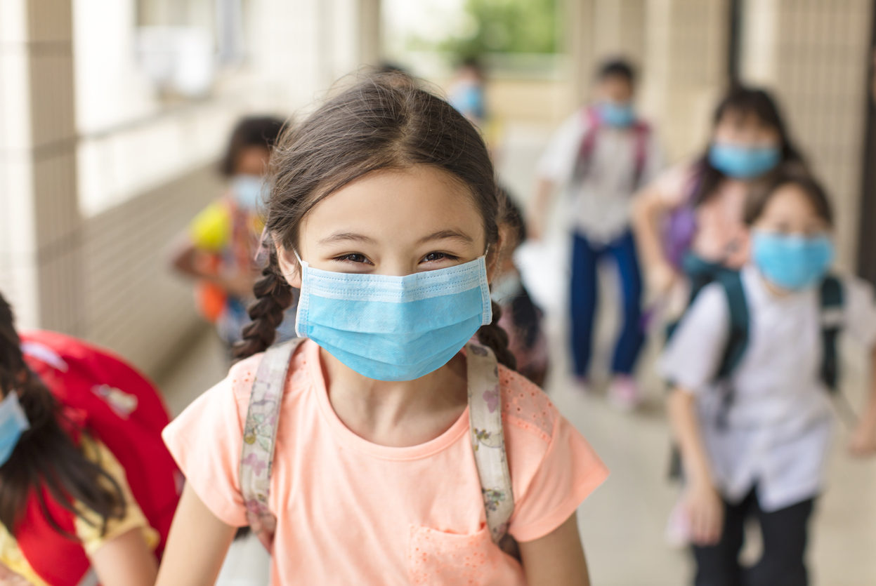children wearing face medical mask back to school after covid-19 quarantine