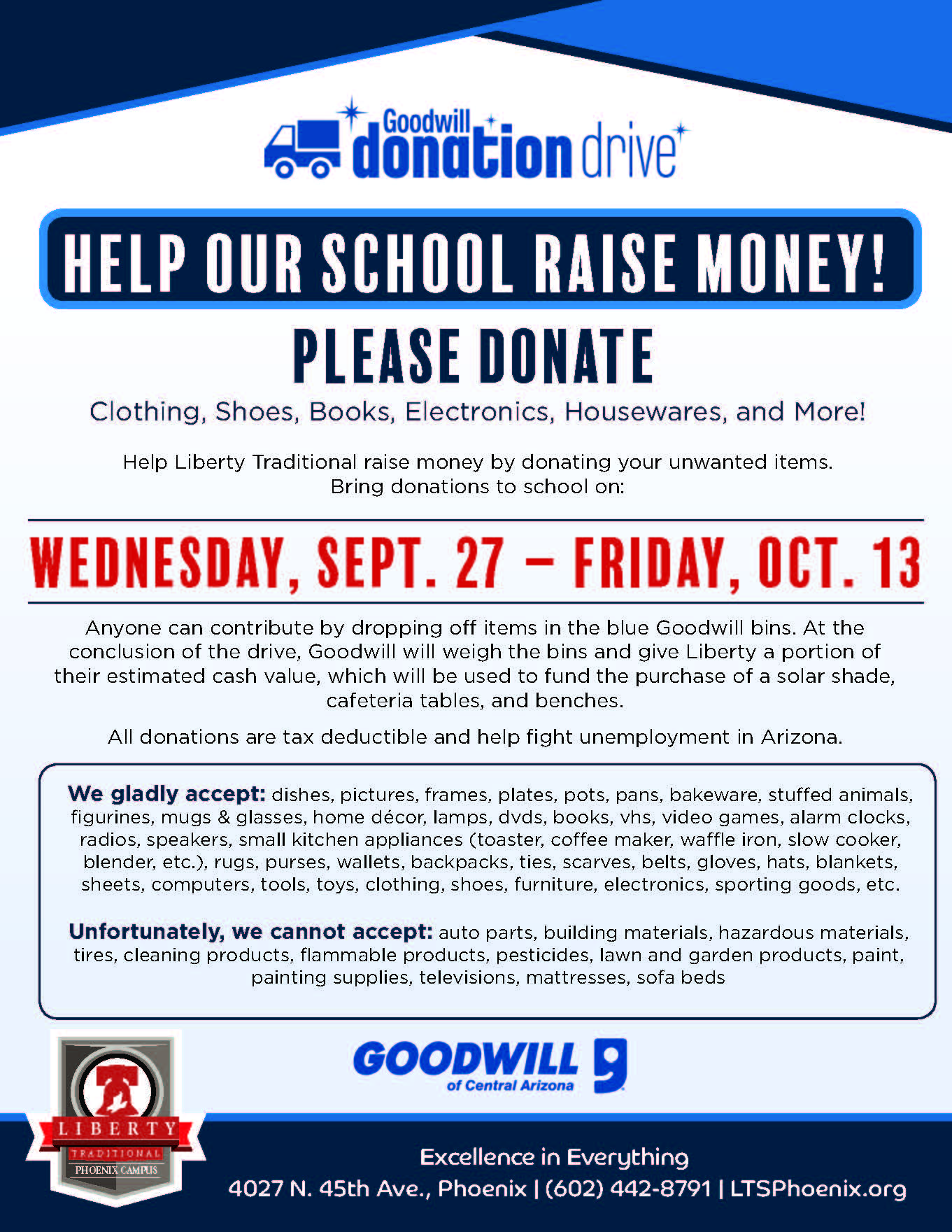 Goodwill Calendar 2022 Arizona Goodwill Donation Drive To Help Liberty | Liberty Traditional School:  Phoenix | Phoenix Charter School